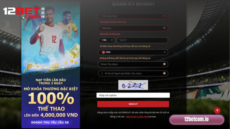 Nhập thông tin cơ bản vào form đăng ký 12Bet